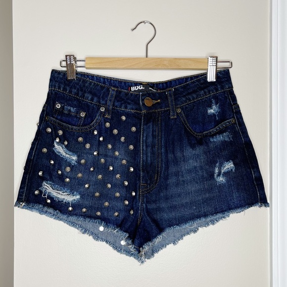 BDG Pants - BDG High Rise Cheeky Distressed Dark Washed Denim Shorts